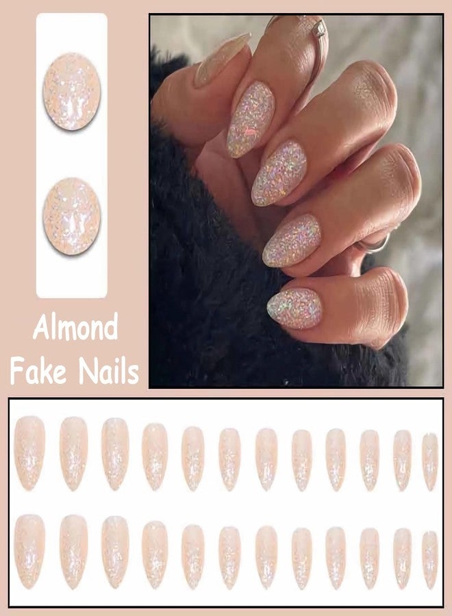 MISUD Press on Nails - Medium Almond Glue on Nails with Bling Glitter, Acrylic Sparkly Sequins Design 24 pcs - Image 4